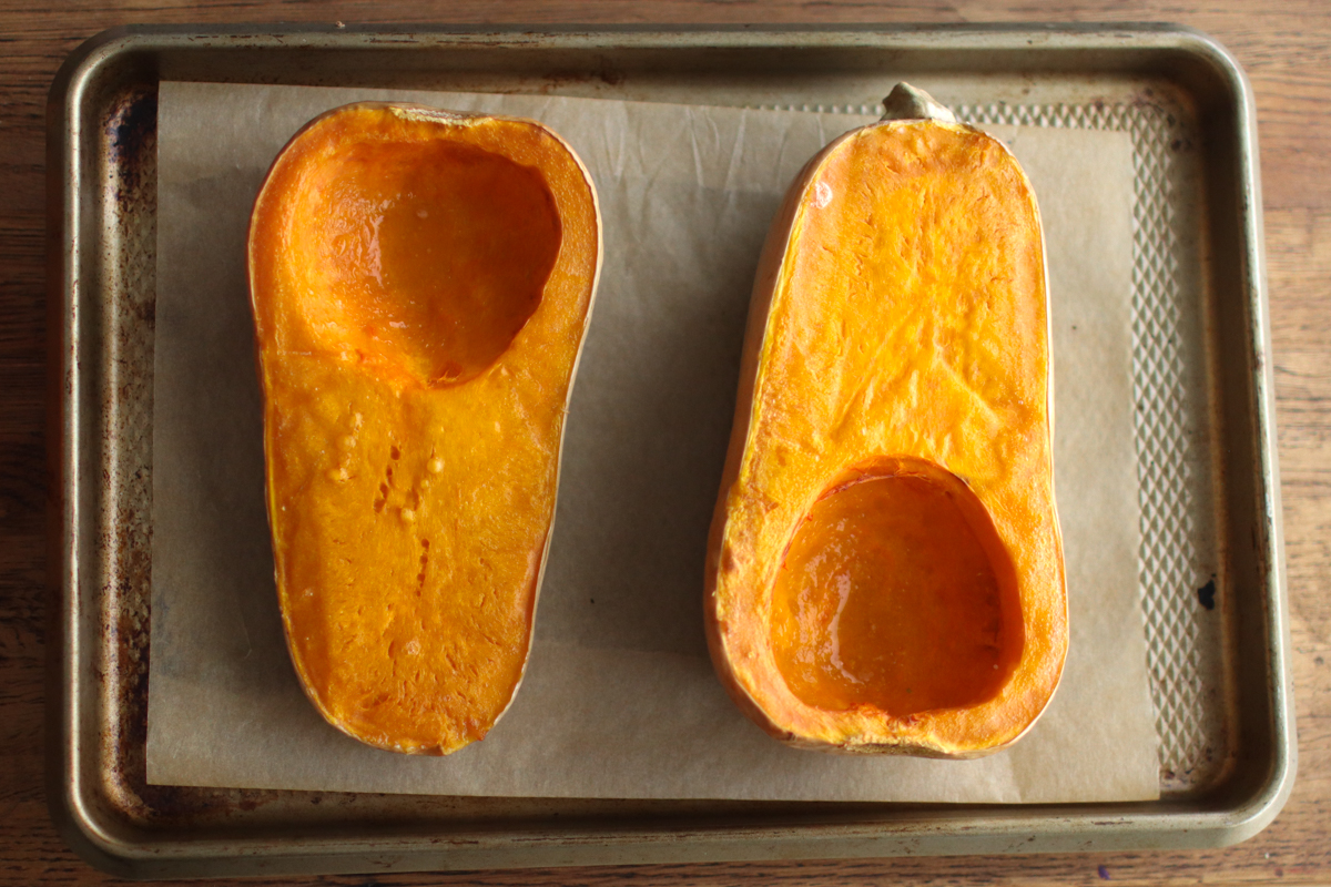 Looking down on roasted butternut squash halves