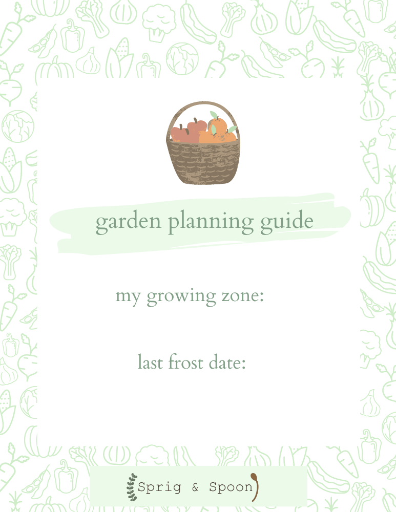 An image of the cover of a garden planner. There is a basket of fruit graphic on it and the text says: garden planning guide, my growing zone, last frost date