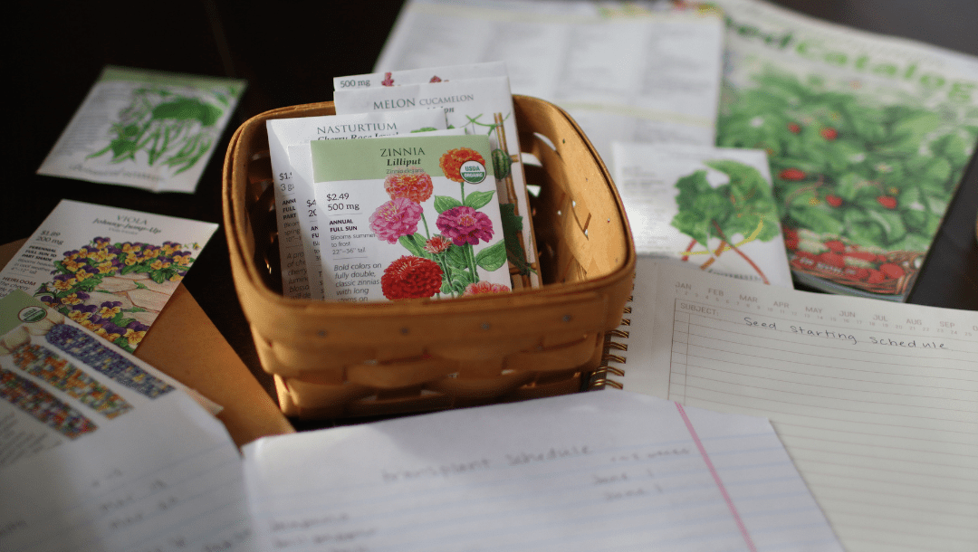 A table crowded with garden planning items: a basket of seeds, a sheet of paper that says "seed starting schedule", seed packets, and seed catalogs.