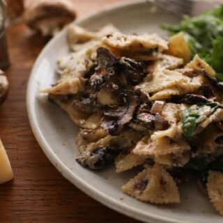 A plate of mushroom pasta with parmesan cheese and a grater next to it.