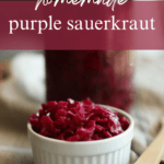 homemade purple sauerkraut in a white bowl with a fork