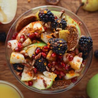 Looking down on a bowl of fruit salad