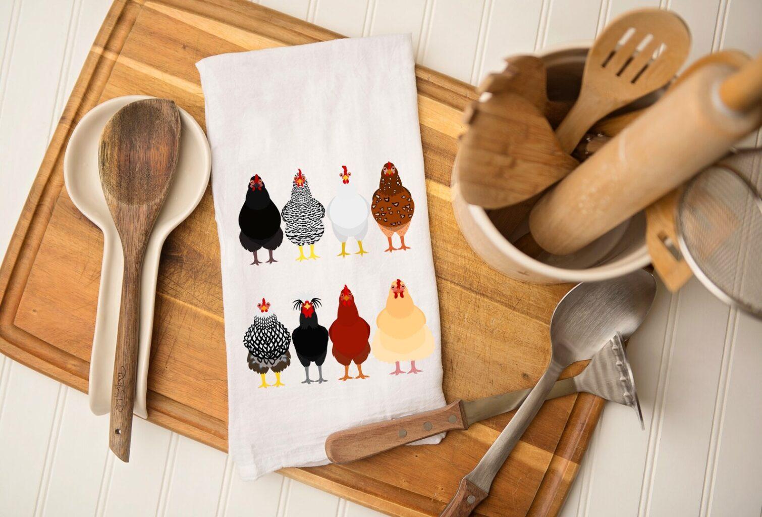 a tea towel with chickens on it