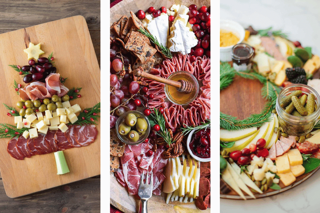 three images of christmas charcuterie boards side by side