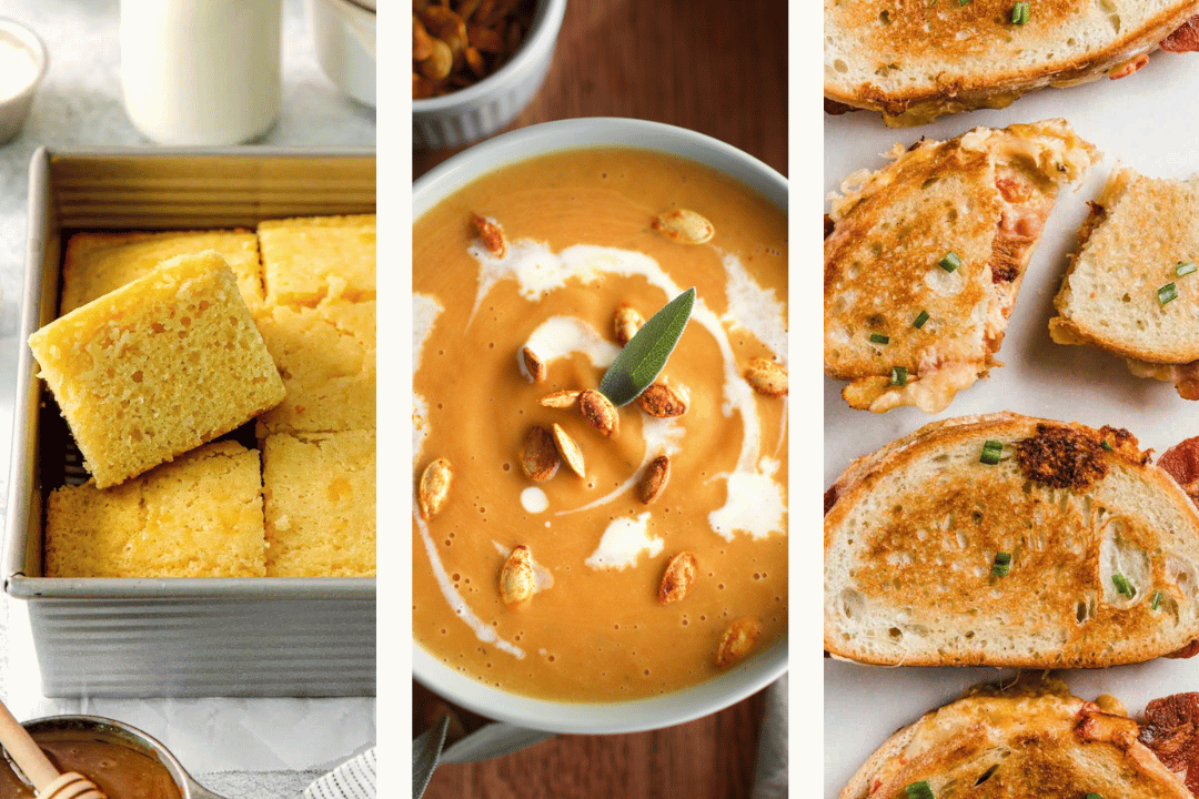 three images of cornbread, pumpkin soup, and grilled cheese sandwiches