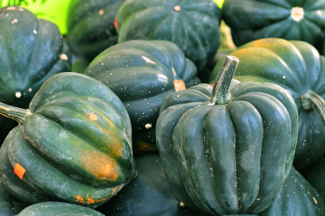 a closeup of acorn squashes