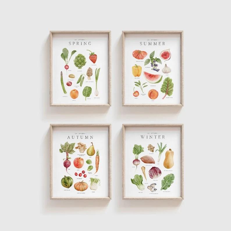 four wall hangings with illustrated vegetables