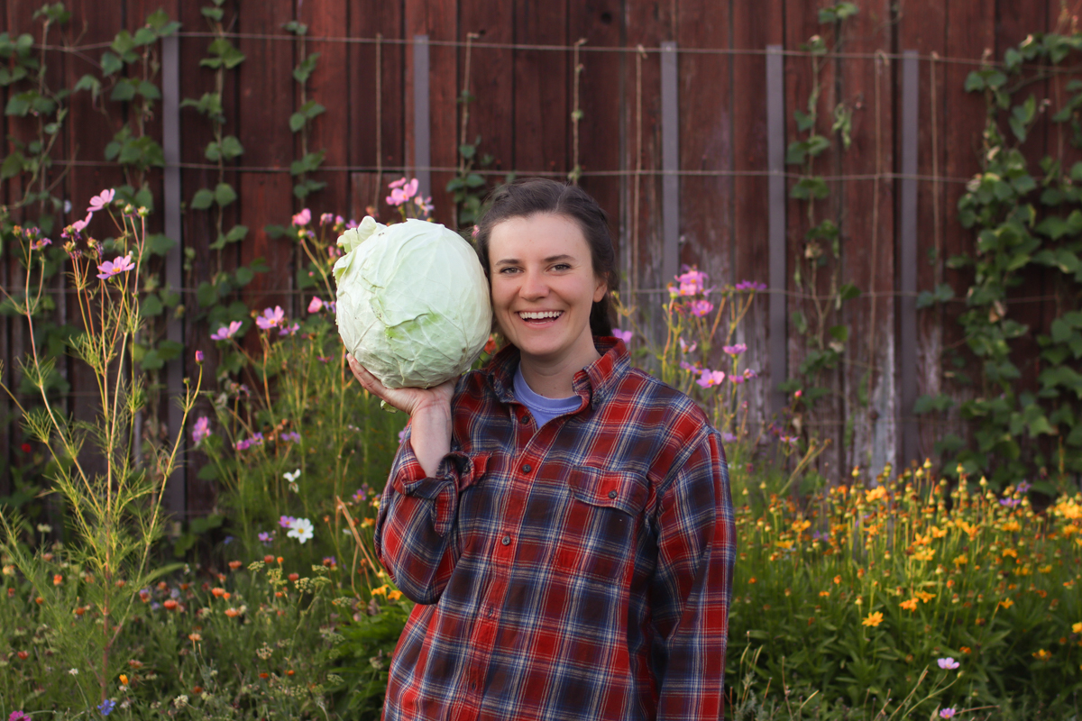 a girl holding a large cabbage in a garden