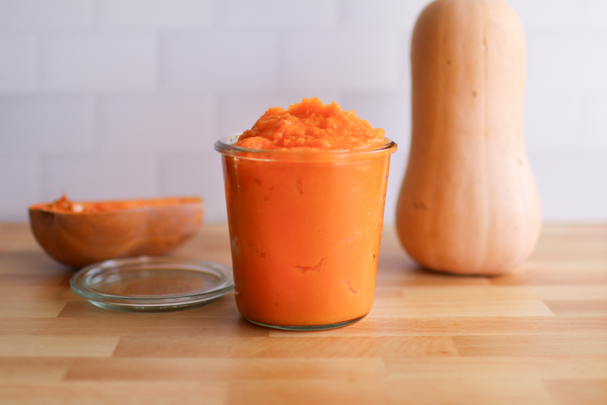 A jar of butternut squash puree.