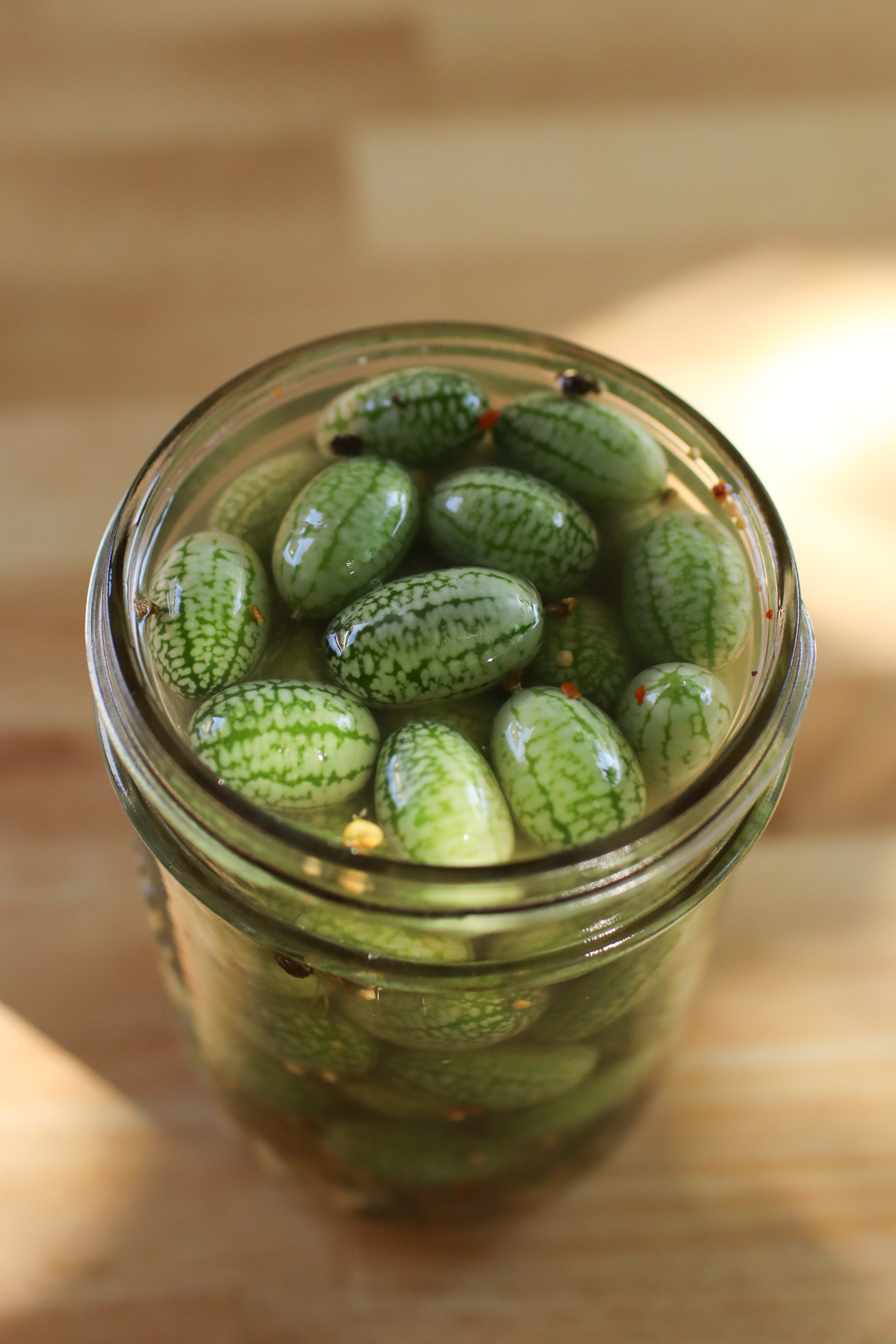Looking down into a jar of cucamelon pickles. 